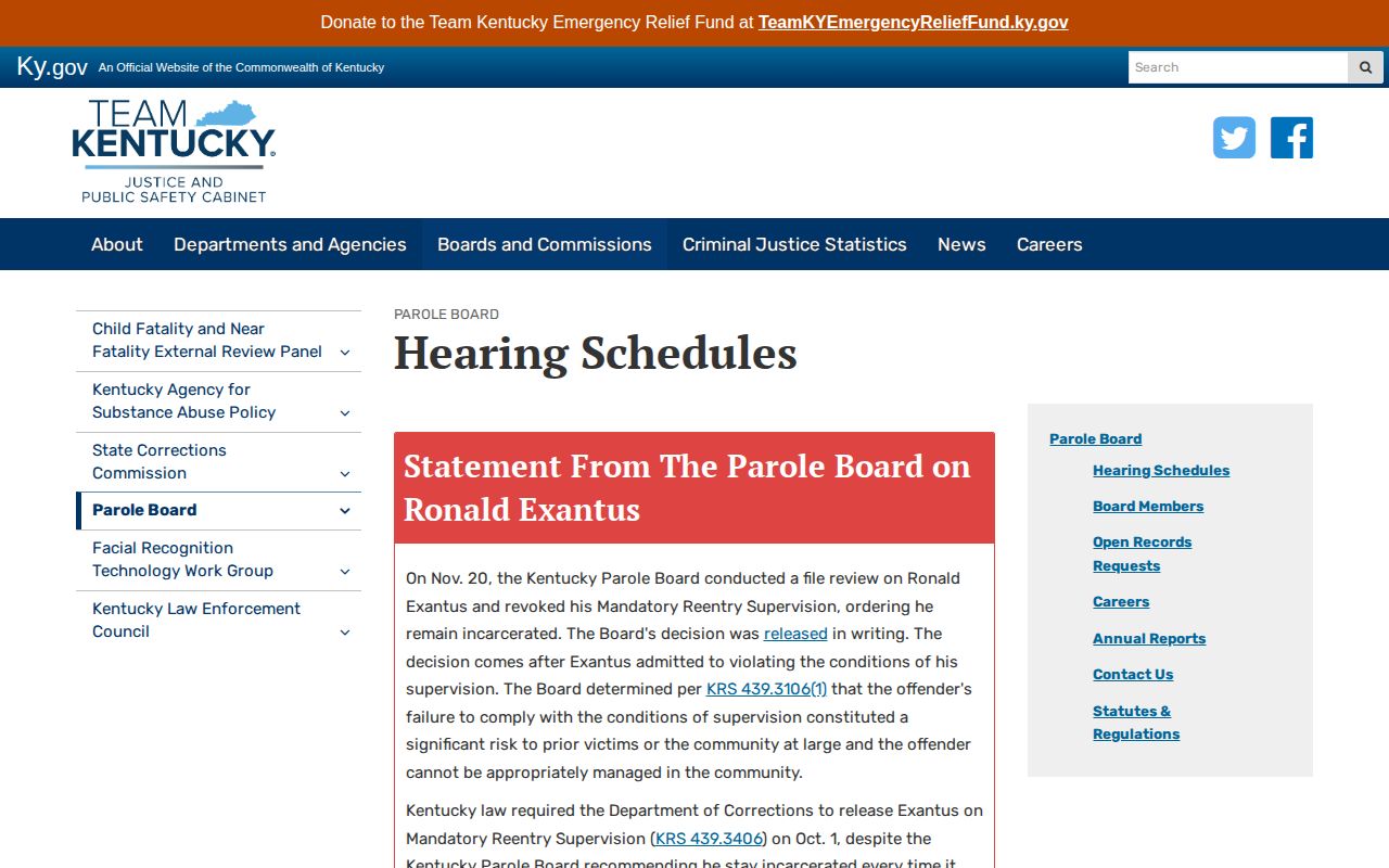 Kentucky parole hearing schedule used for Lincoln County parole records